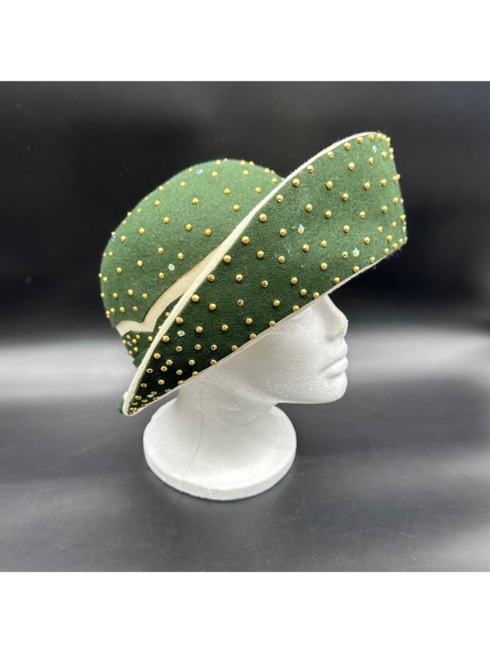 Vintage Hat Jack McConnell Green Cream Mid Century Rhinestones Gold Studs READ